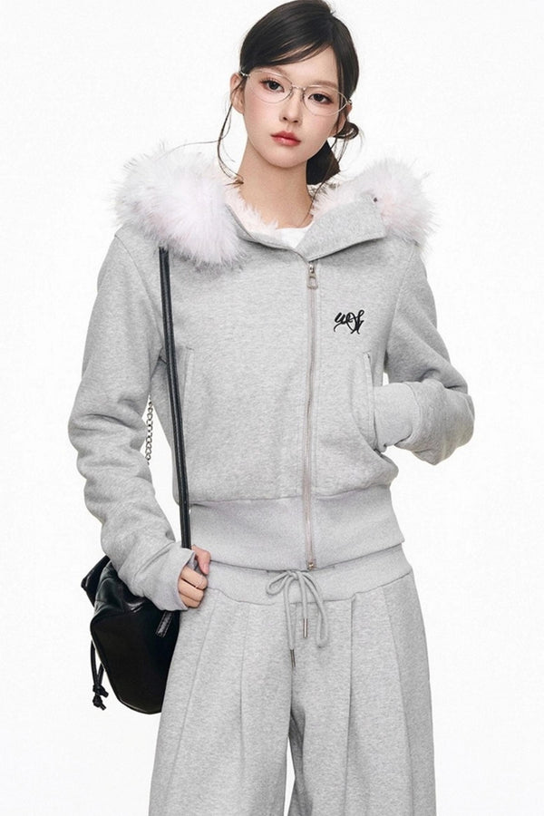 Plush Knitted Zipper Sweatshirt Set-Up