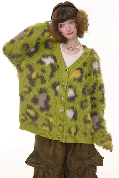 Autumn Glutinous Green Leopard Cardigan