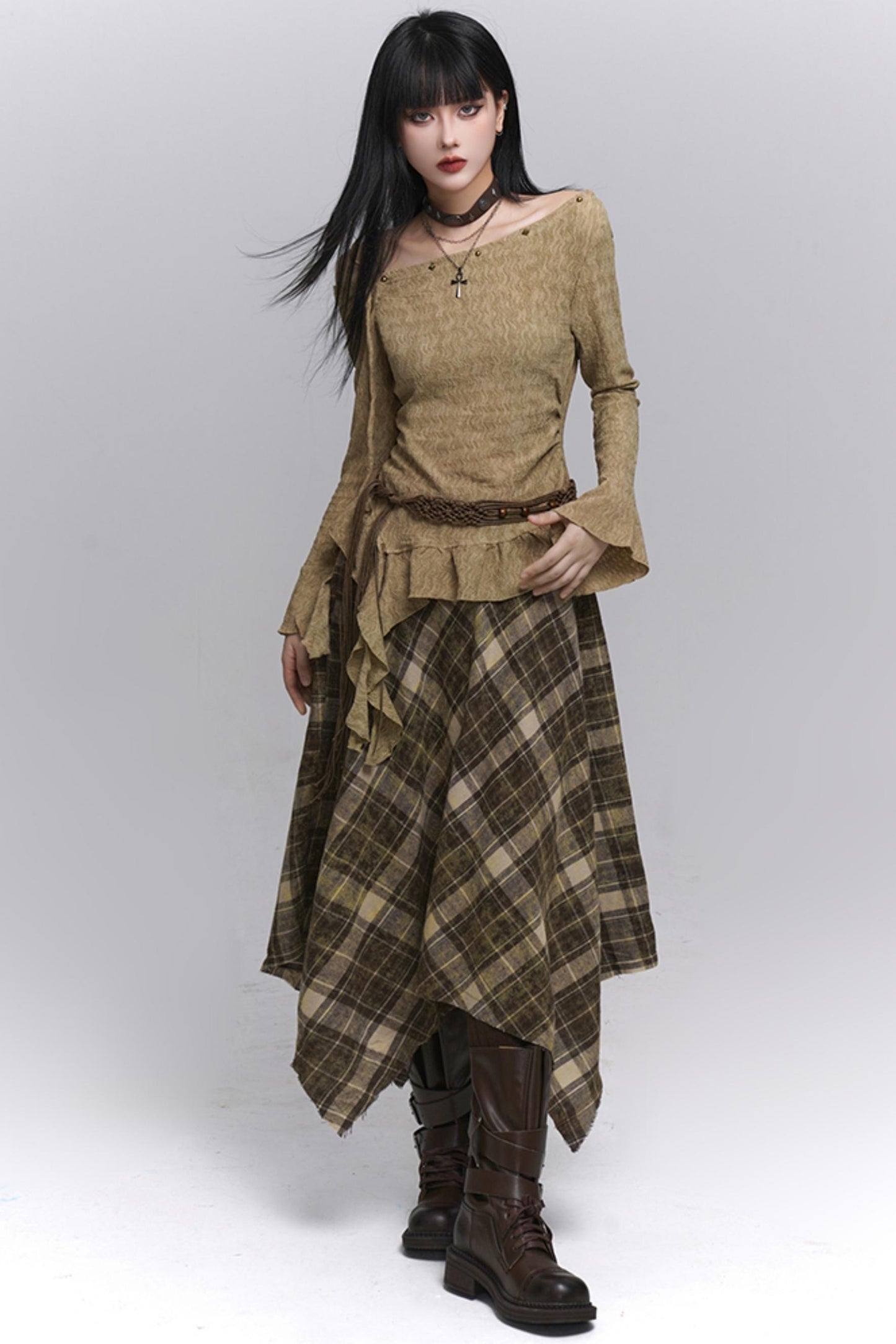 Beautiful Blue Plaid A-Line Skirt & Belt Set