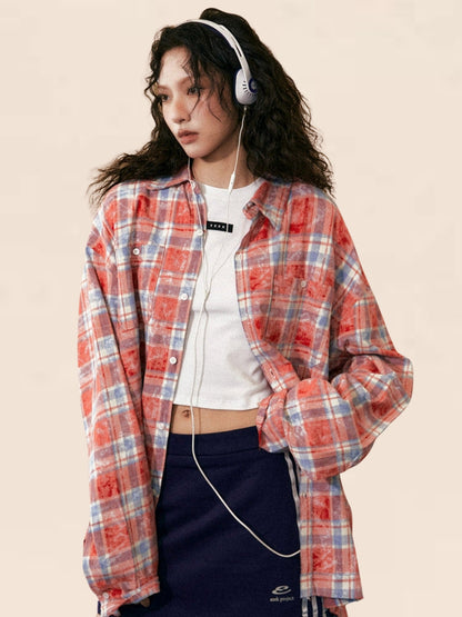 Stitching Contrasting Plaid Long-Sleeved Shirt