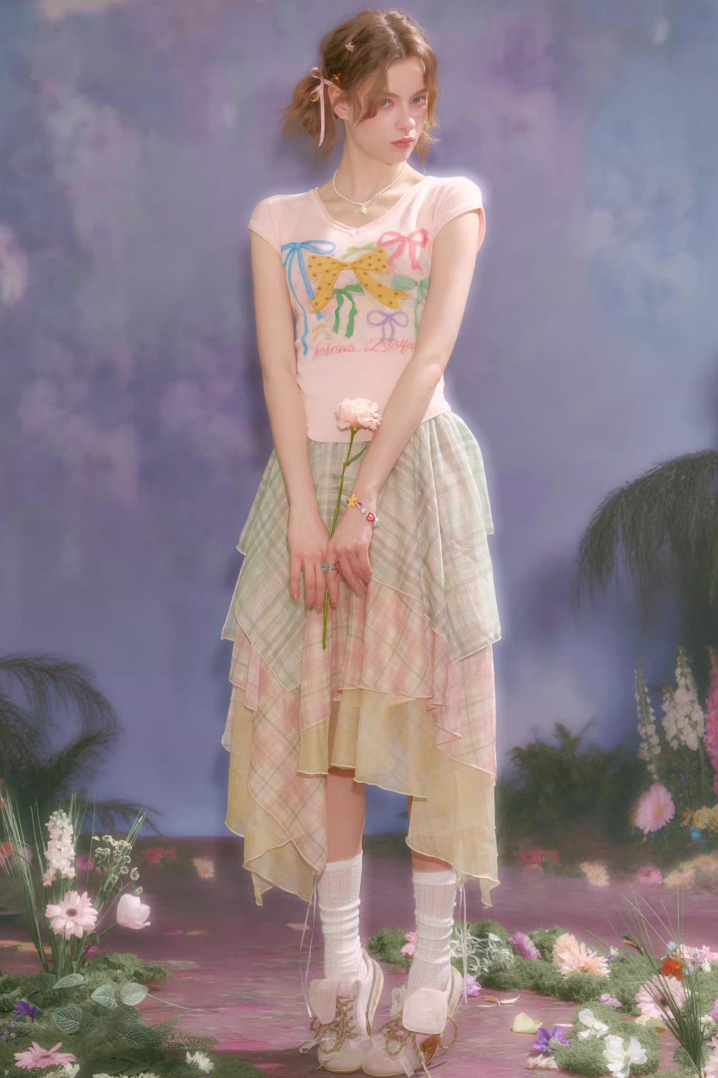 Cherry Blossom Plaid Chiffon Skirt