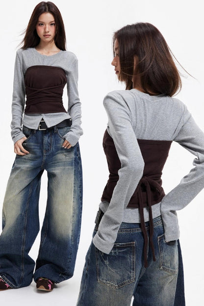 Woolen Layered Slim Knit Strap Bandeau Suit