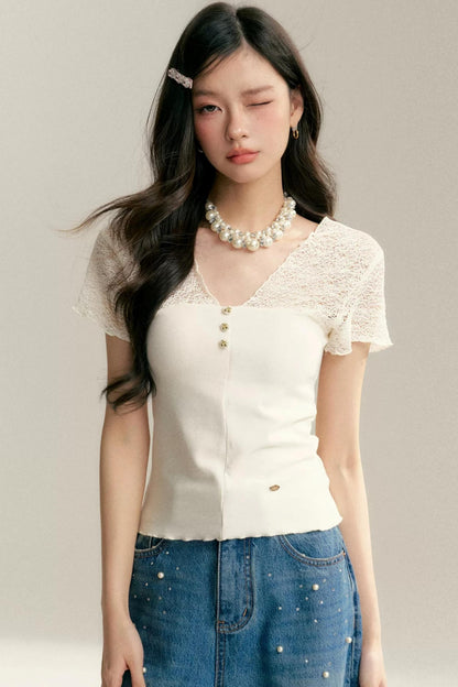 Lace-Panel V-Neck T-Shirt