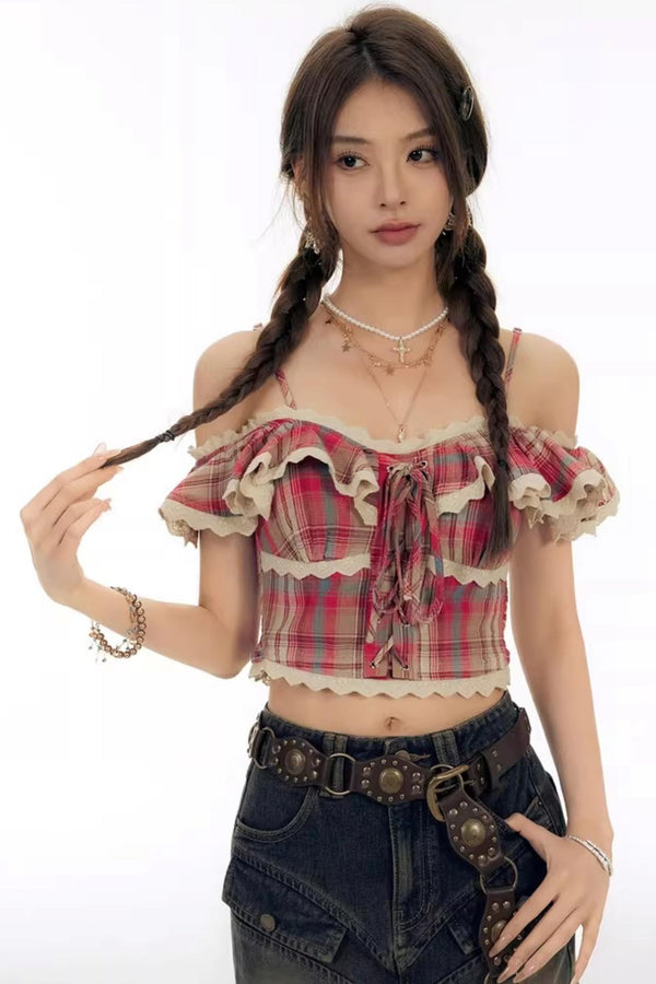 Retro Plaid Off-Shoulder Blouse