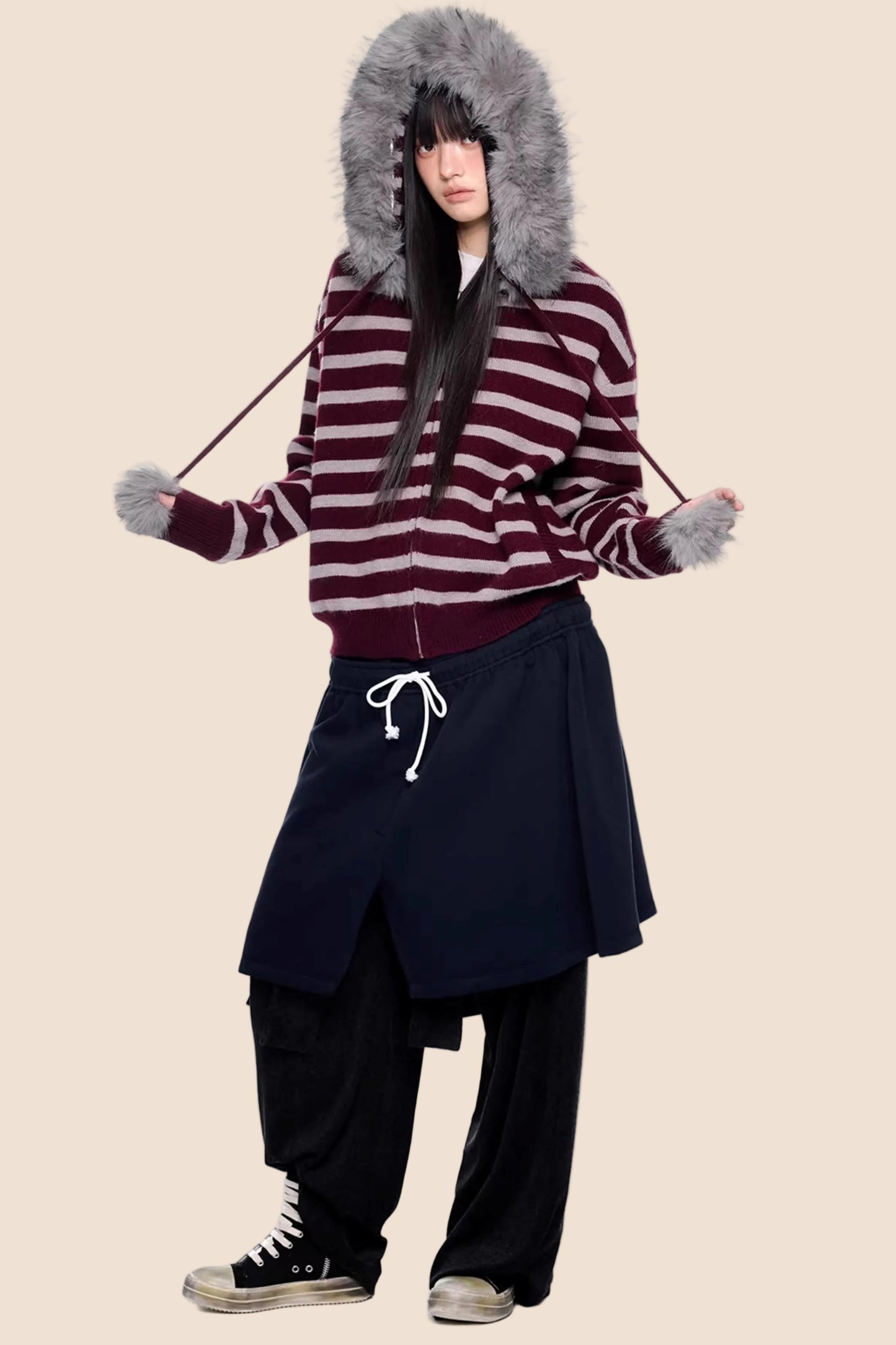 Fur Collar Striped Knit Cardigan