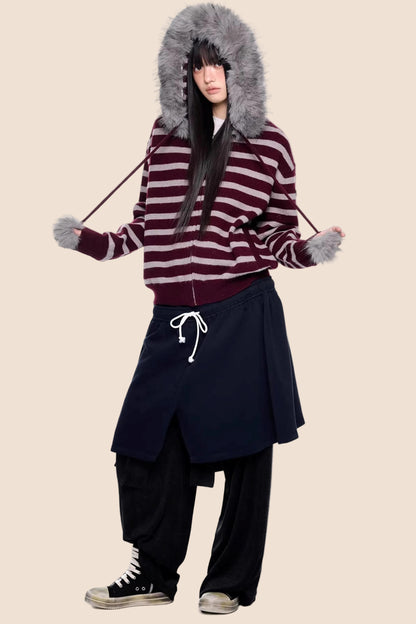 Fur Collar Striped Knit Cardigan