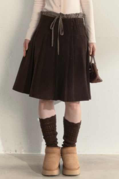 Retro Brown Corduroy Pleated Skirt