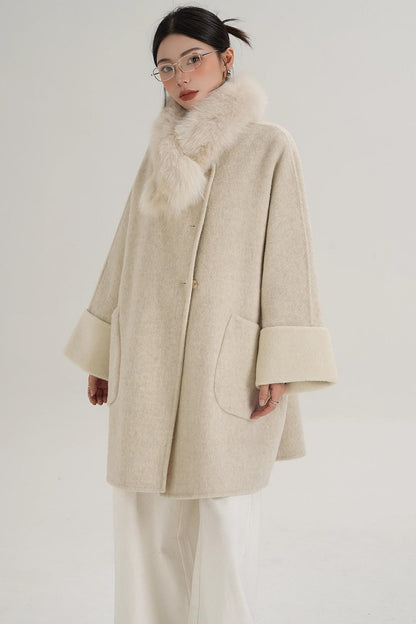 Elegant Fox Fur Collar Wool Cape Coat
