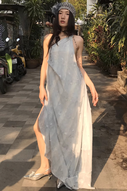 Blue Butterfly High-Slit Dress