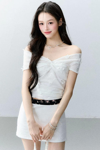 달빛 자카드 원숄더 상의 셋업