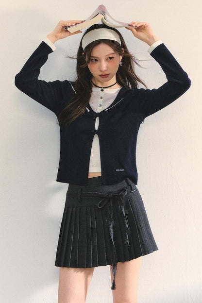 Sweet Navy Neck Knit Cardigan