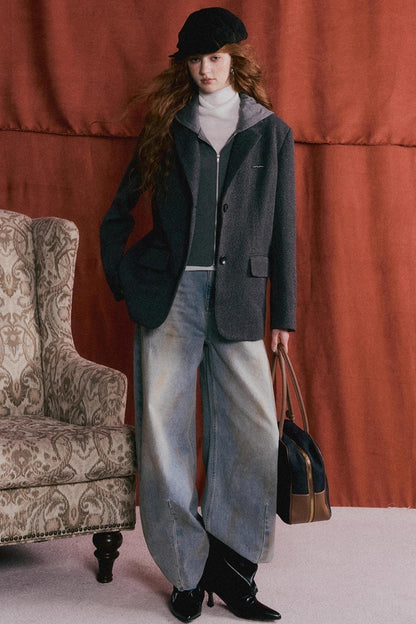 Gray Wool Hooded Blazer Jacket