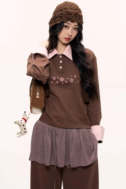 Peach Coffee Color Block Sweatshirt Set-Up