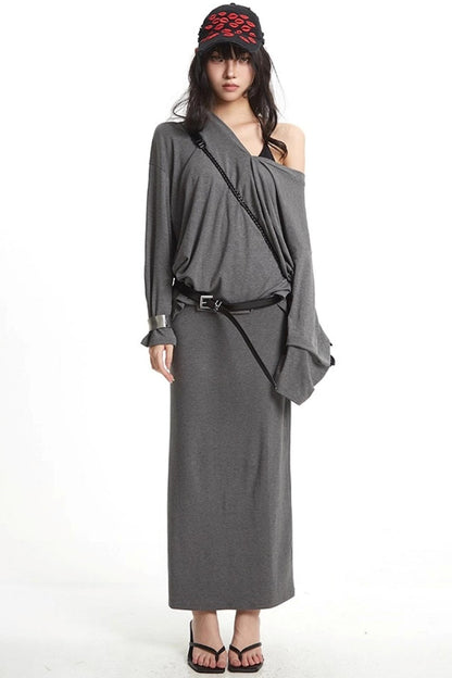 Slanted Shoulder Long Sleeve T-Shirt Skirt Set-Up