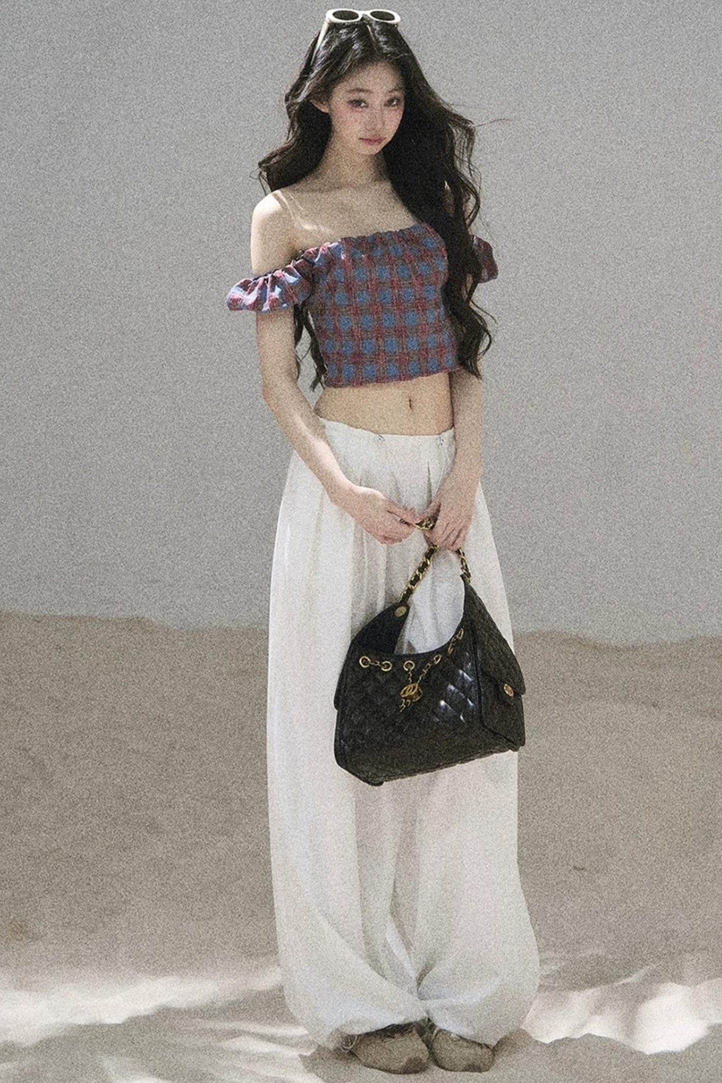 Youthful Plaid Off-Shoulder Top