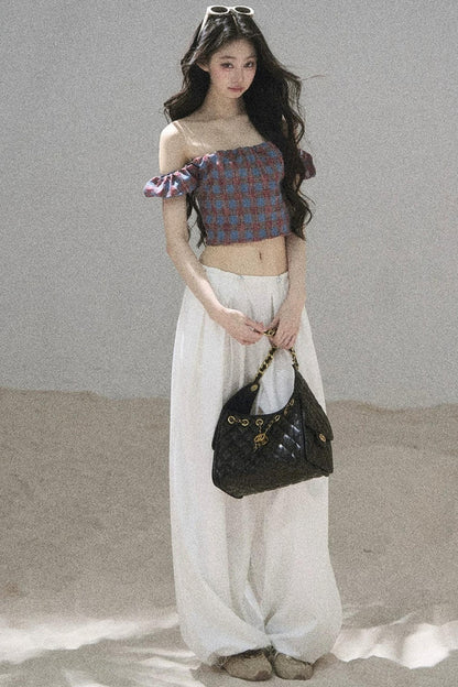 Youthful Plaid Off-Shoulder Top
