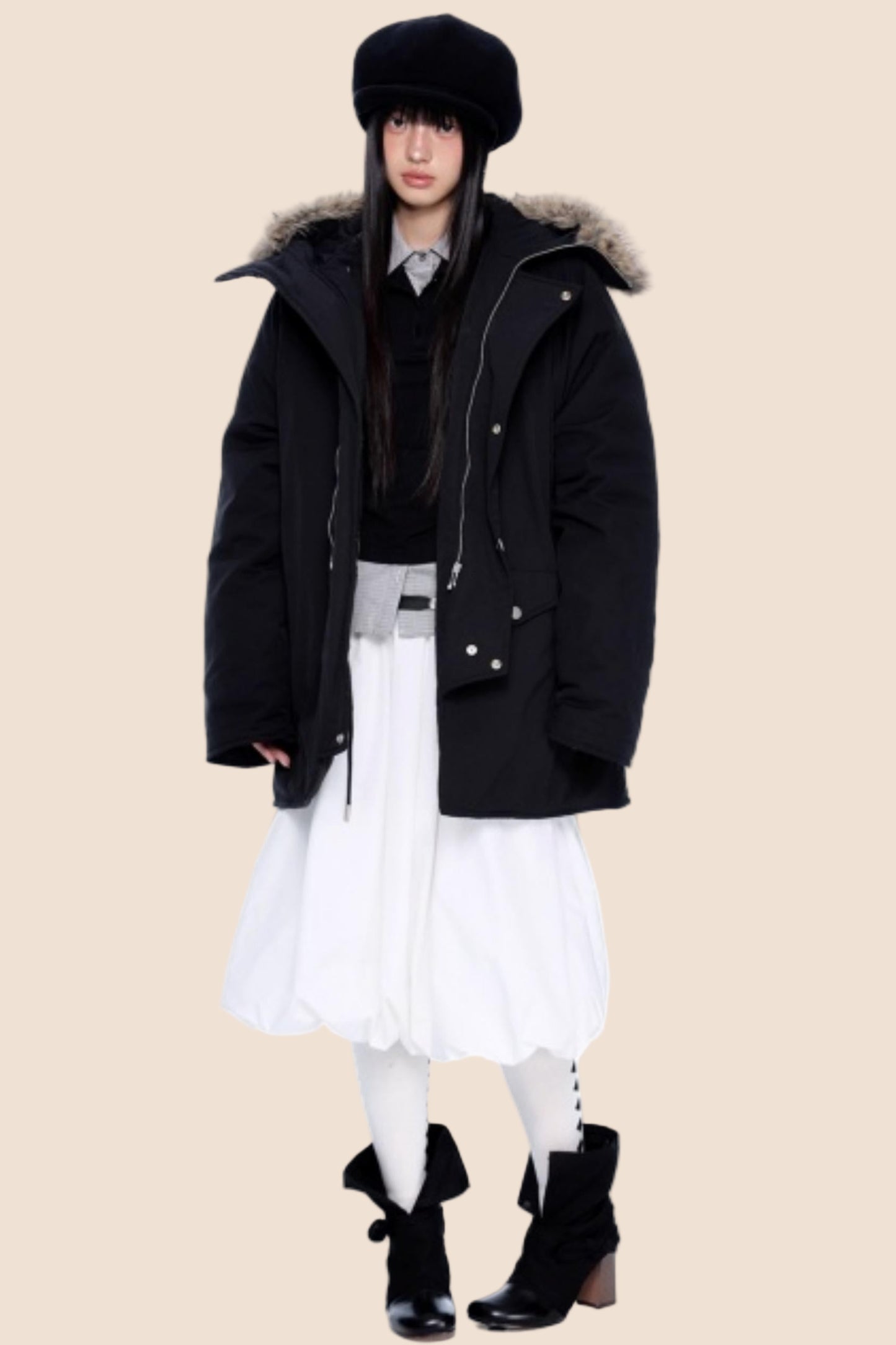 Fur Collar Hooded Parka Coat