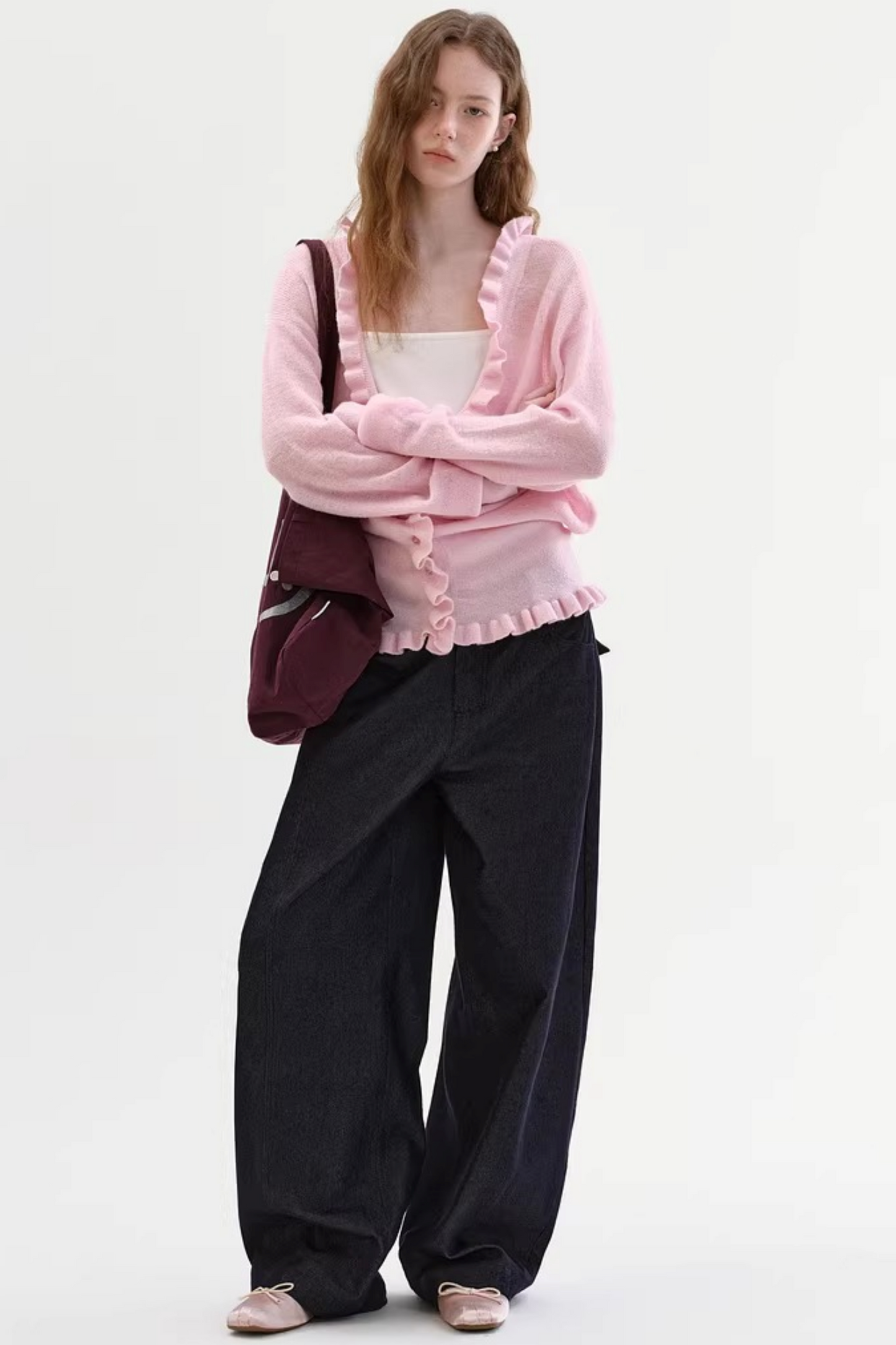 Mohair V-Neck Ruffled Sweater