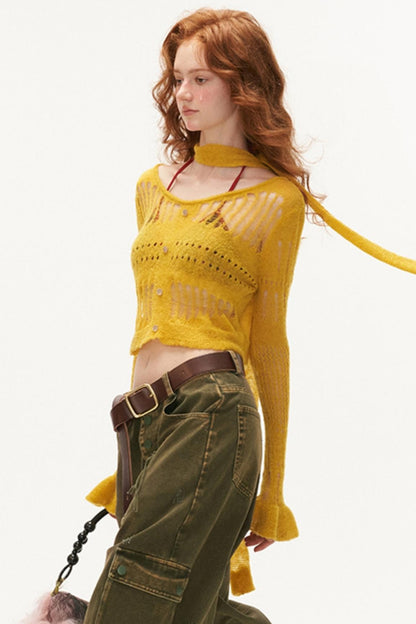 Wide-Neck Knit Cardigan