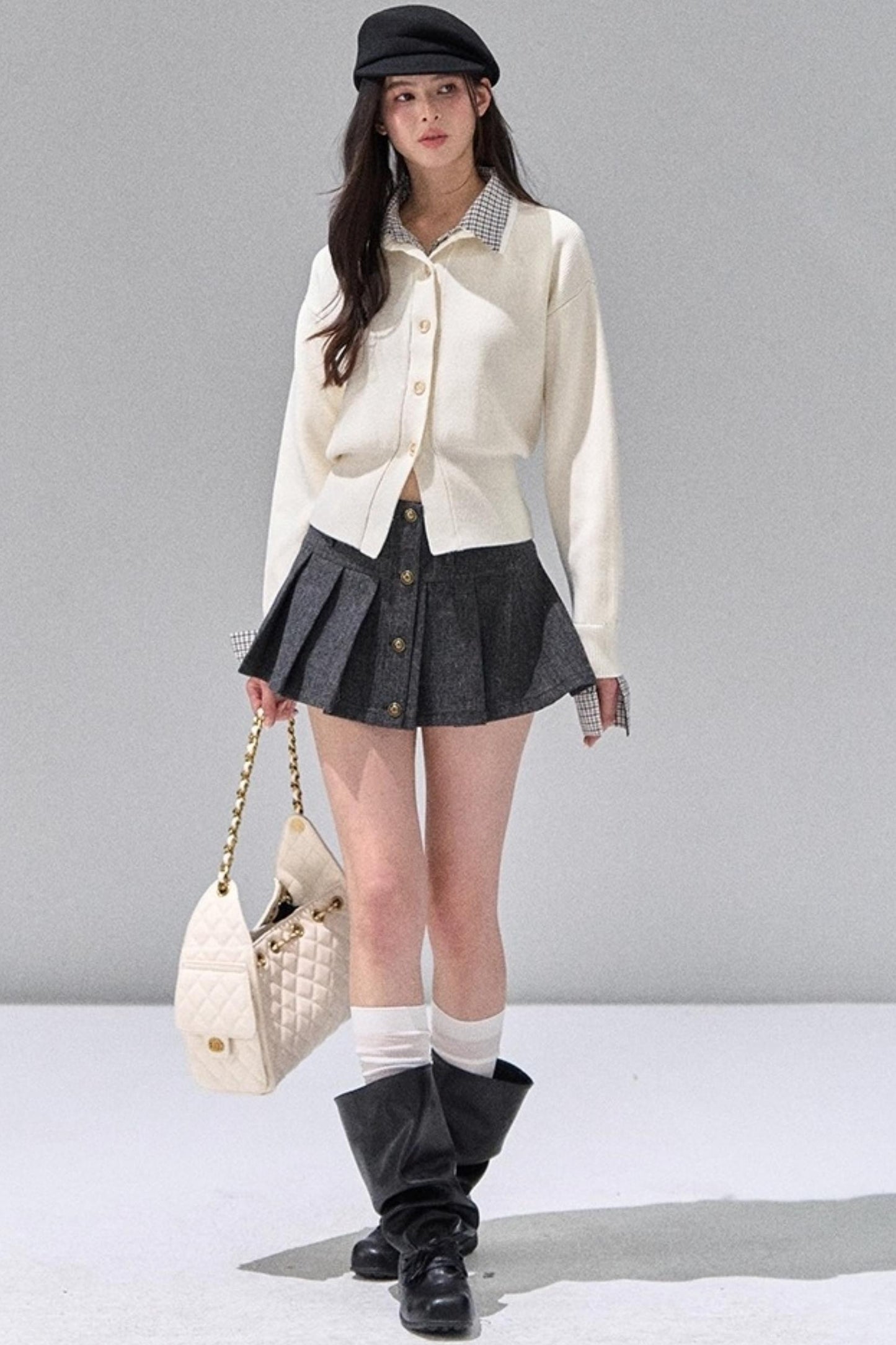 Fake Two Polo Lapel Sweater Skirt Set-Up