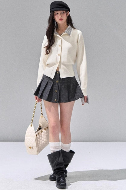 Fake Two Polo Lapel Sweater Skirt Set-Up