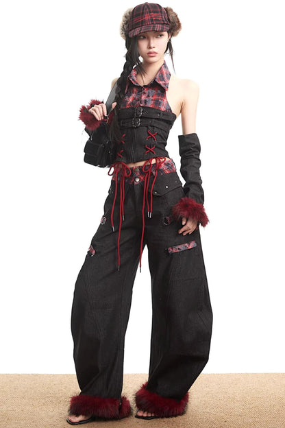 Plaid Patchwork Denim Set-Up