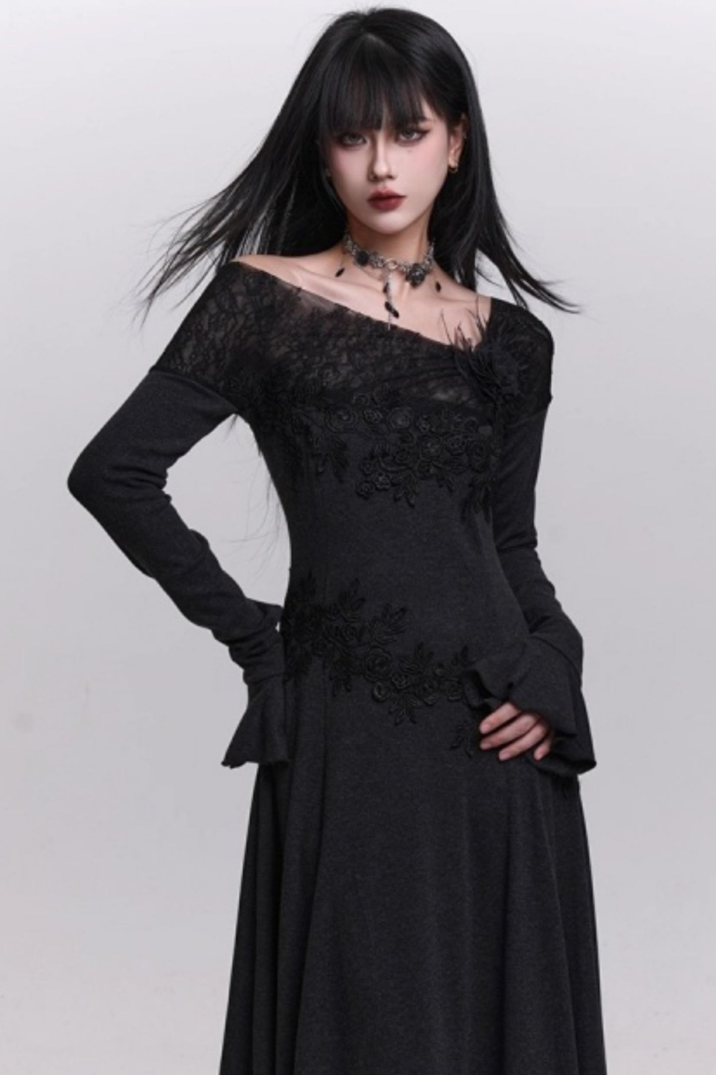 Gray Off-Shoulder Knitted Dress