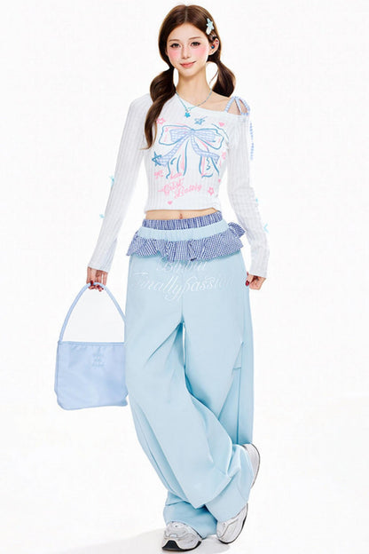 Plaid Ruffle Wide-Leg Pants