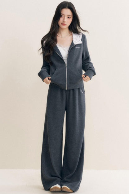 Rose Print Patchwork Hooded Jacket Set-Up