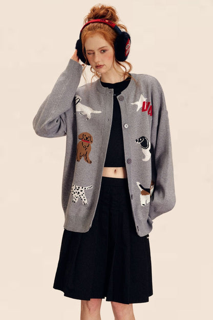 Cute Dog Embroidery Knitted Cardigan