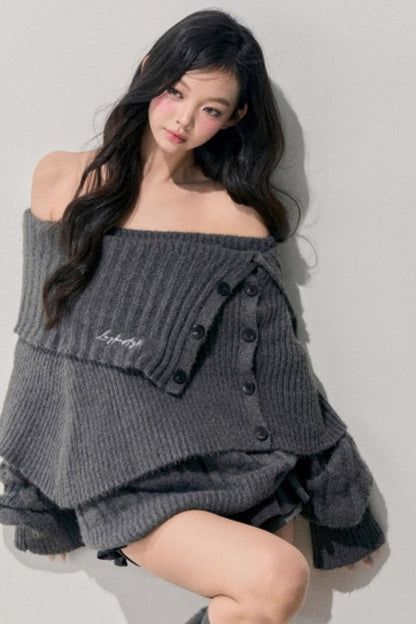 One-Shoulder Knitted Sweater Set