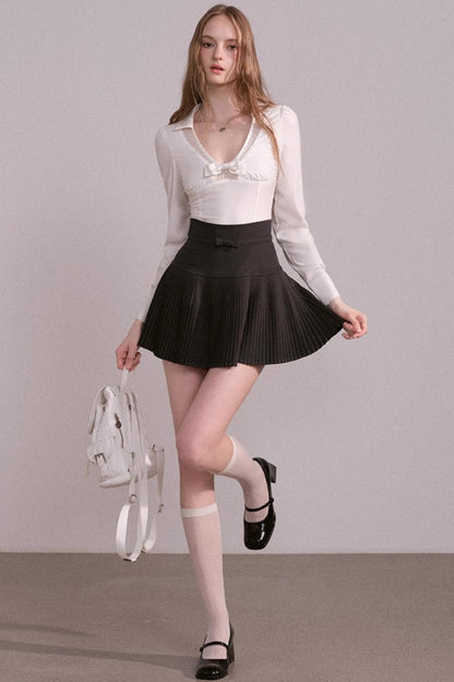 Bow V-Neck Long Sleeve Shirt Set-Up