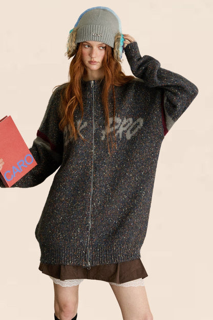 EZEK American Vintage Glitter Dropped Shoulder Ärmel Loose Double Zip Strickjacke Damen lose Silhouette Pullover Jacke Tide