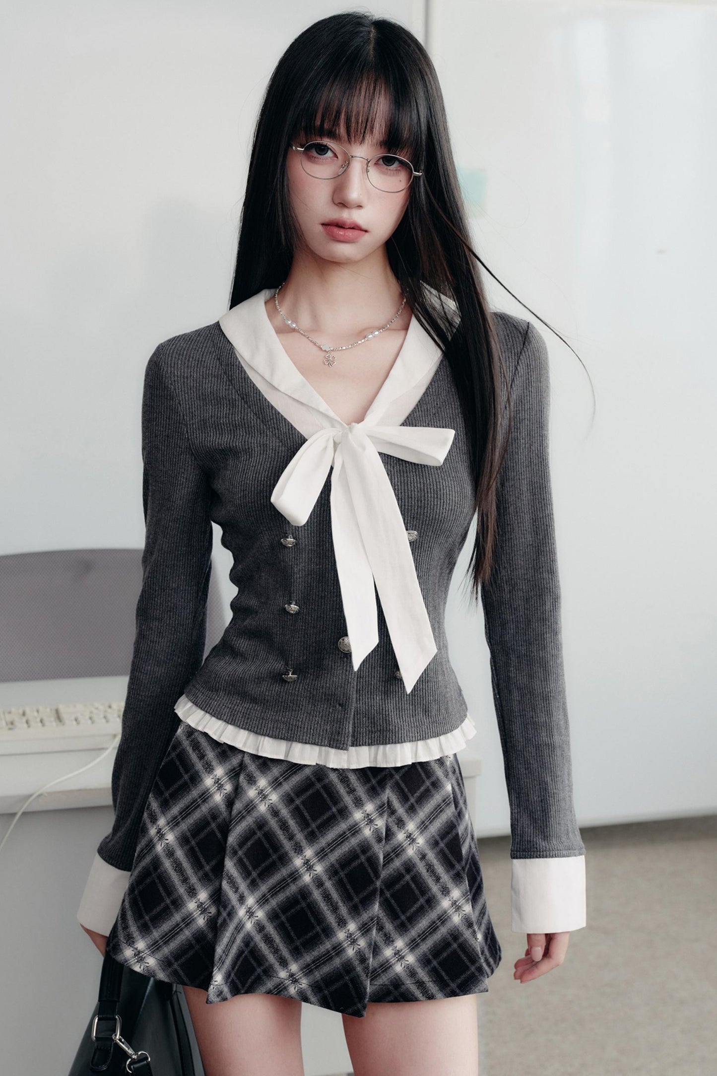 Bow Knit Fake Two-Piece College Top Set-Up