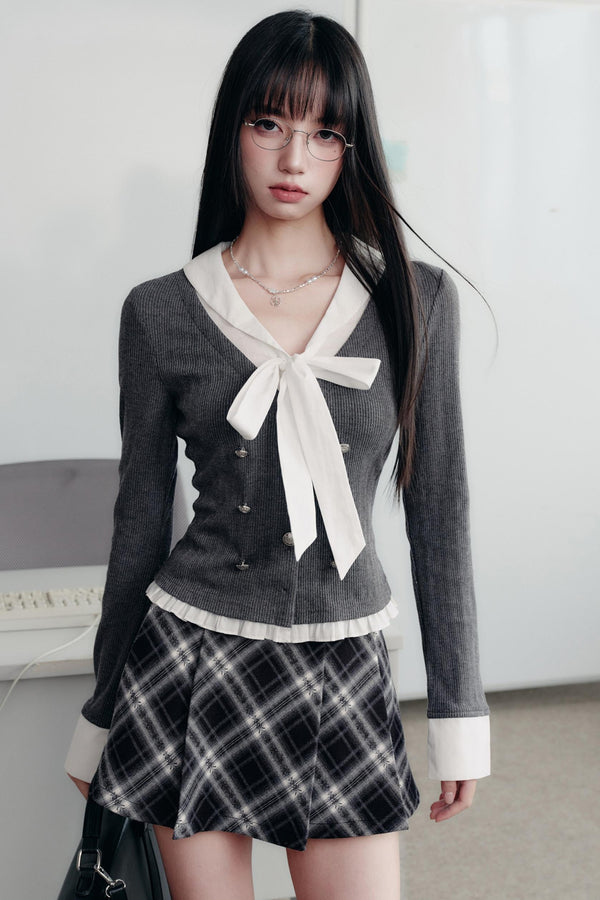 Bow Knit Fake Two-Piece College Top Set