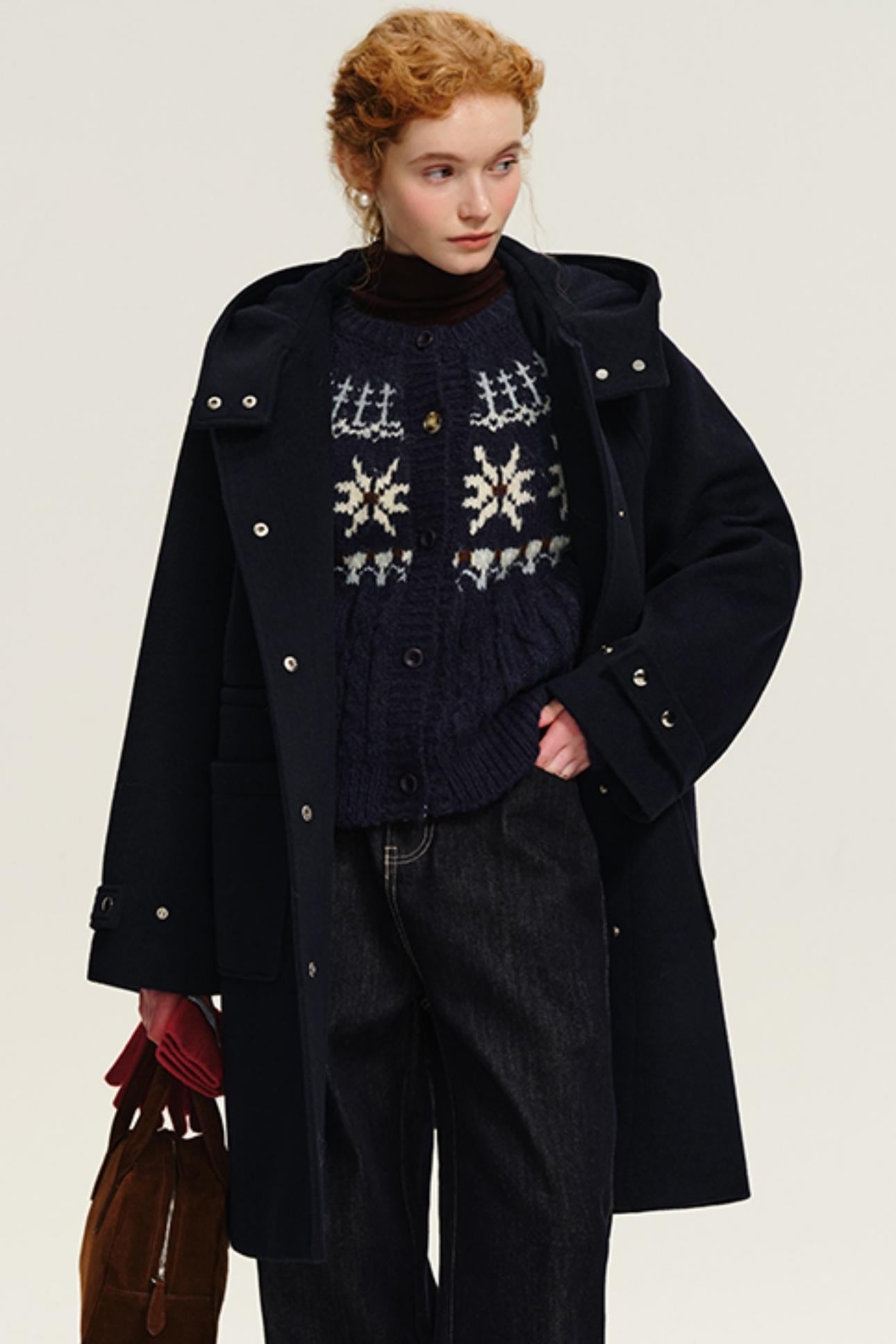 Winter Long Tweed Hooded Coat