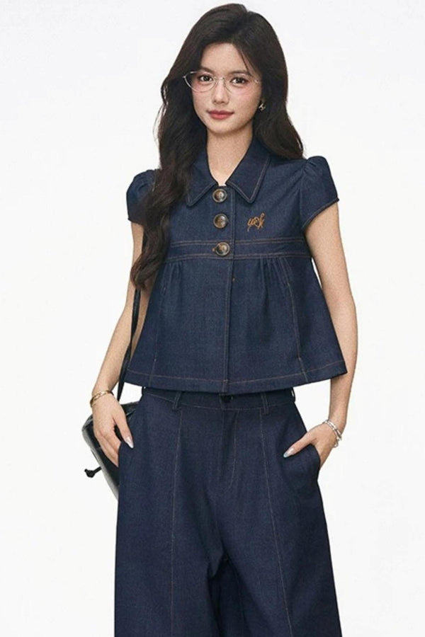 Faux Denim Blouse Set-Up