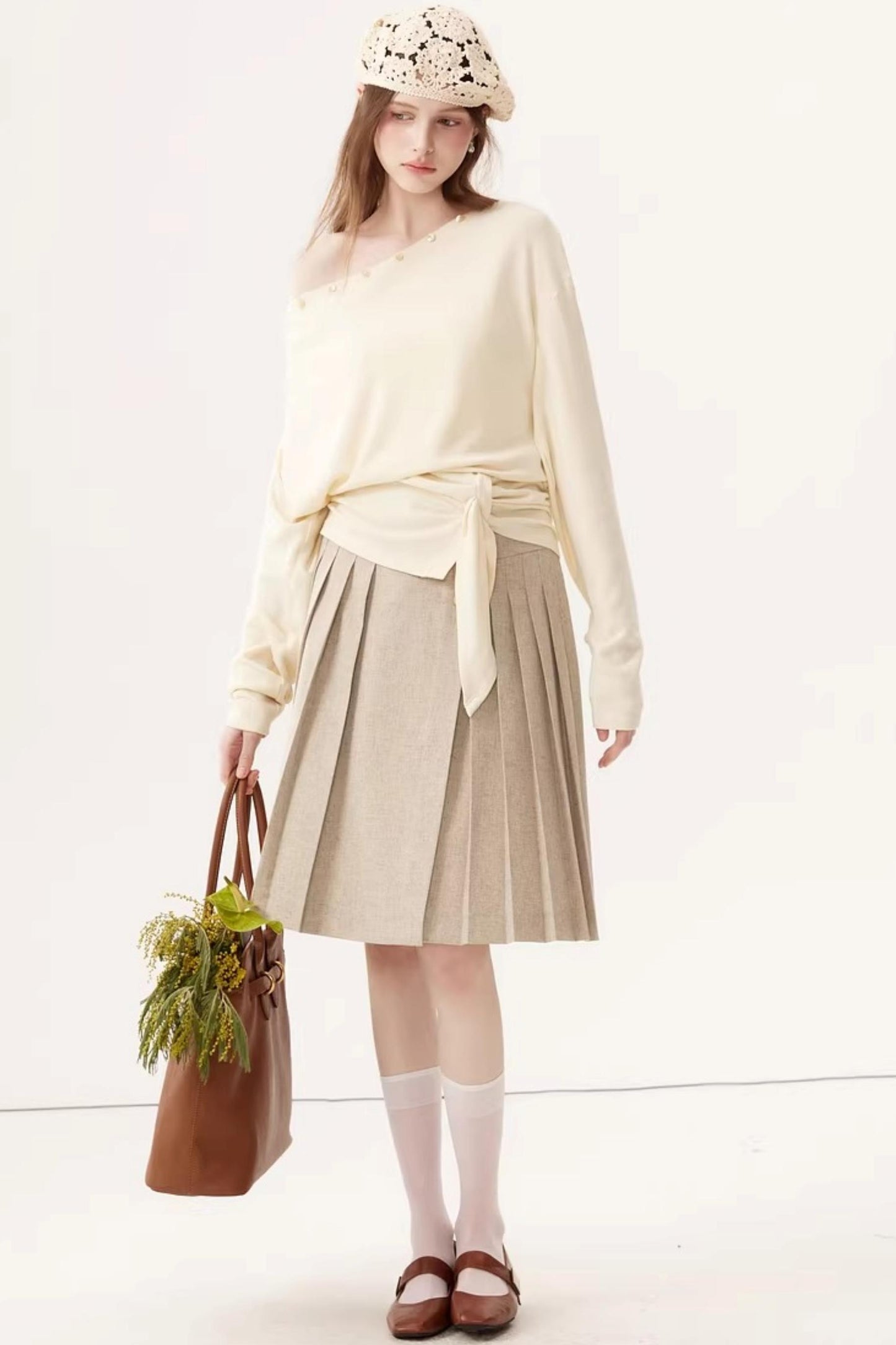 High-Waisted Pleated Midi Skirt