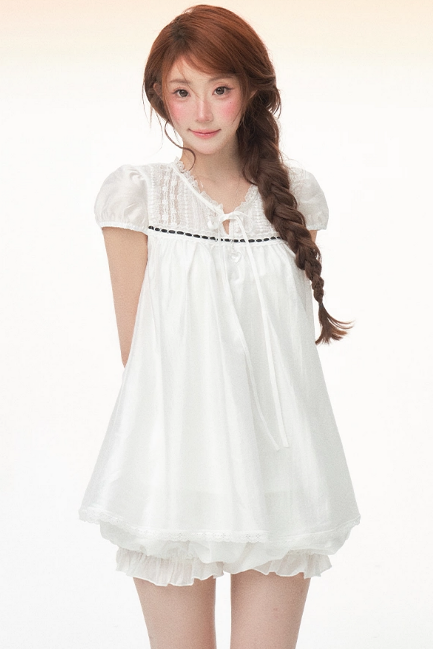 Tencel Lace Puff Sleeve Dress Set-Up