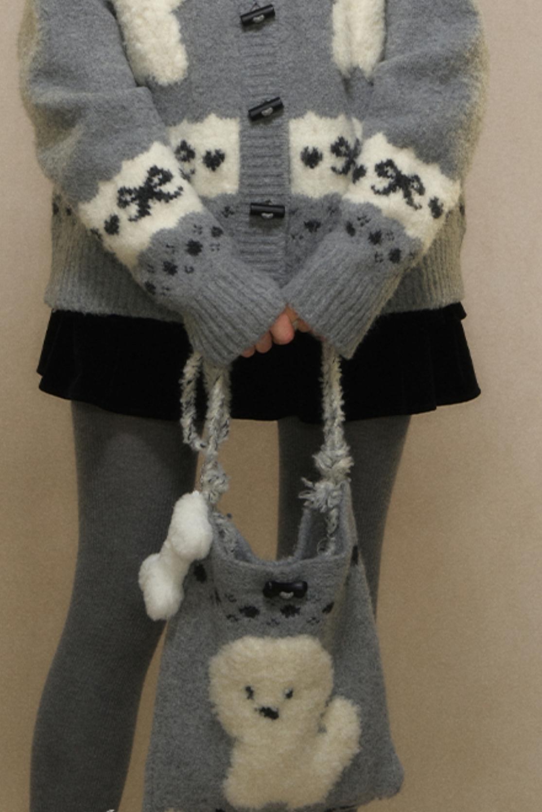 College Style Puppy Knit Shoulder Bag