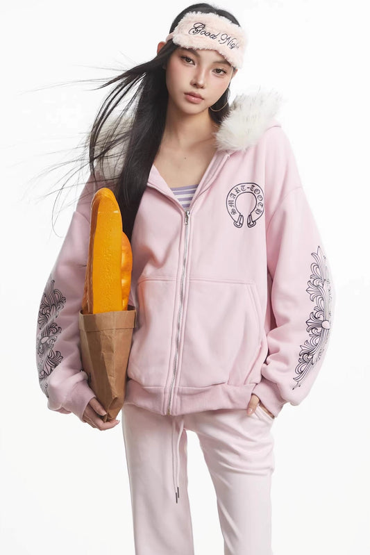 Printed Fur Collar Hooded Jacket