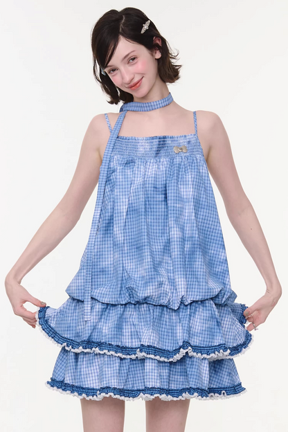 Summer Blue Plaid Lace Dress