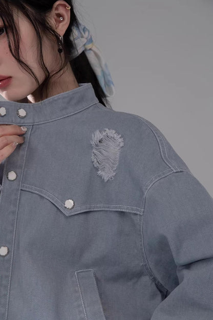 디스트레스드 록 데님 재킷 셋업