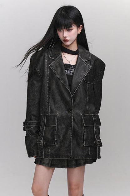 Ghost Girl Autumn and Winter Unique Super Good-looking Old Leather Jacket Women's 2024 New Cool Drag Sister Outfit