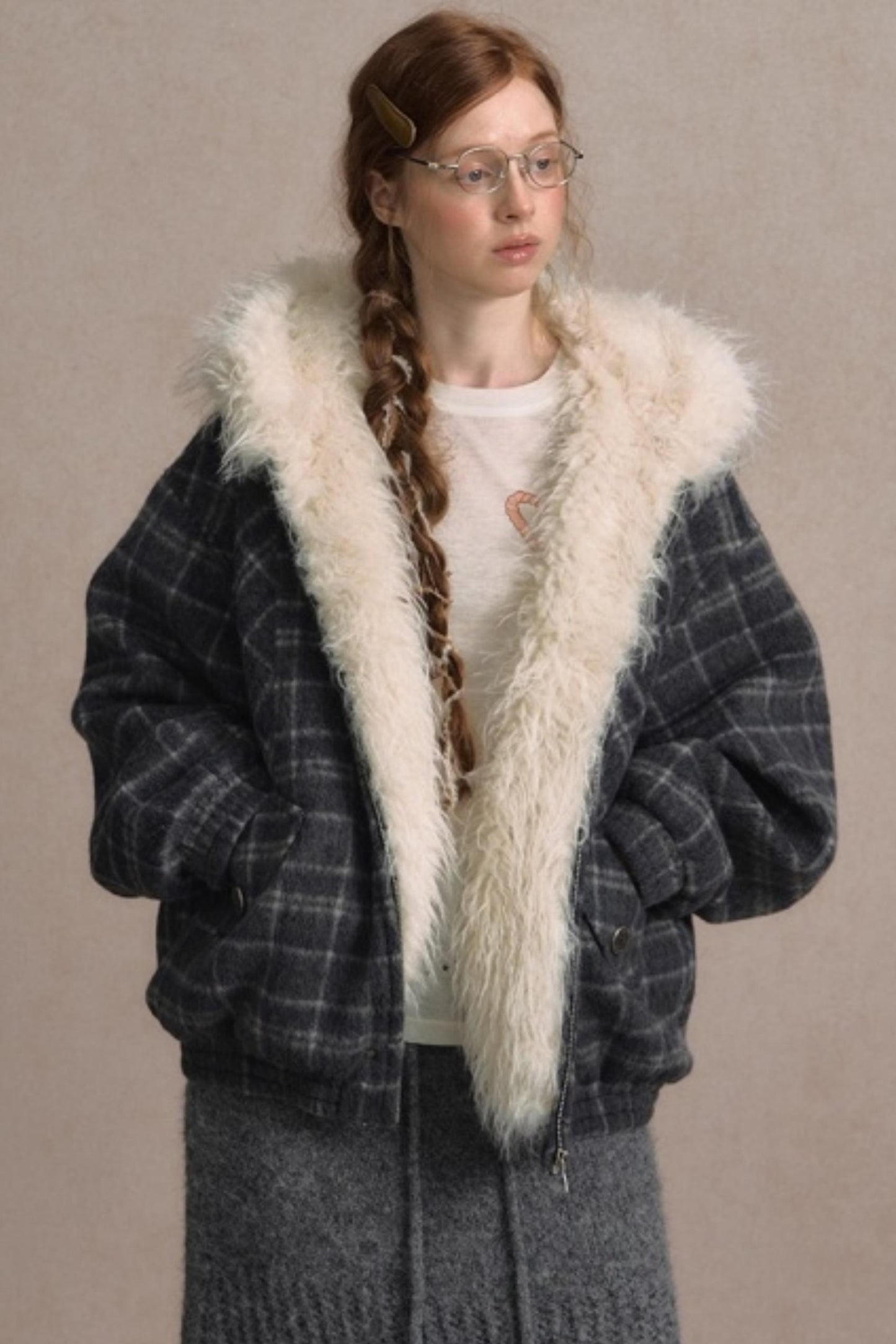 Elk Fur Collar Plaid Woolen Jacket