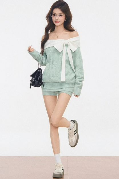 Lace-Up Off-Shoulder Knitted Sweater Set-Up