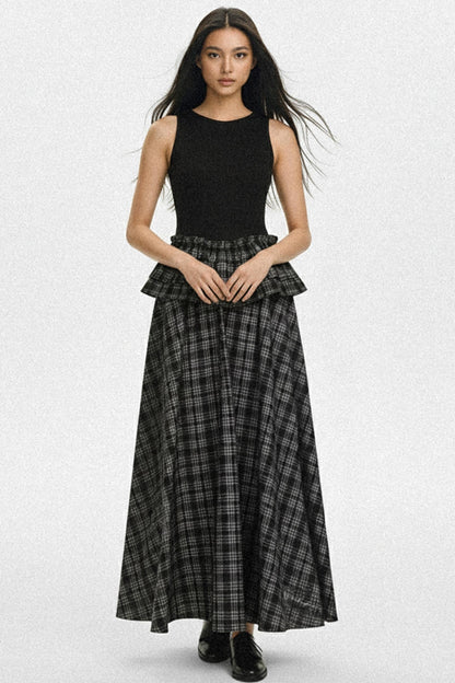 Knit Plaid V-Lace A-Line Maxi Dress