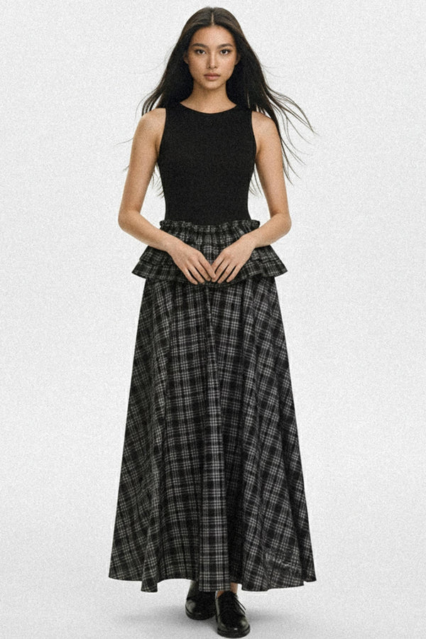 Knit Plaid V-Lace A-Line Maxi Dress