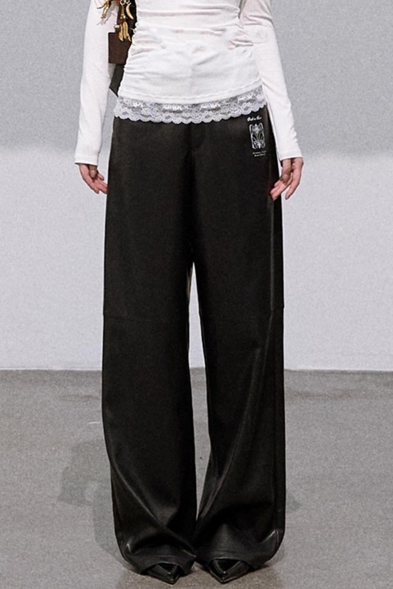 Retro Print Wide-leg Leather Pants