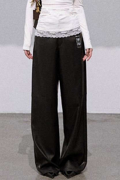 Retro Print Wide-leg Leather Pants